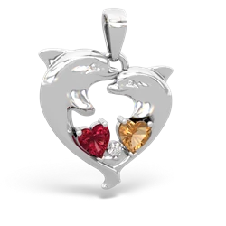 Lab Ruby Dolphin Heart 14K White Gold pendant P5820