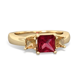 Lab Ruby Three Stone Trellis 14K Yellow Gold ring R4015