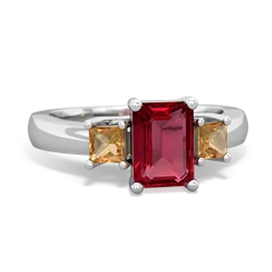 Lab Ruby Three Stone Emerald-Cut Trellis 14K White Gold ring R4021