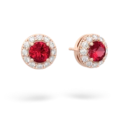 Lab Ruby Diamond Halo 14K Rose Gold earrings E5370