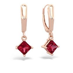 Lab Ruby 6Mm Princess Lever Back 14K Rose Gold earrings E2789