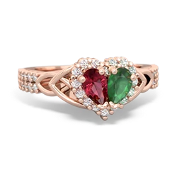 Lab Ruby Celtic Knot Two Hearts As One 14K Rose Gold ring R2644HRT