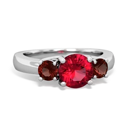 Lab Ruby Three Stone Round Trellis 14K White Gold ring R4018