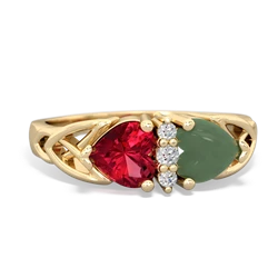 Lab Ruby Celtic Knot Double Heart 14K Yellow Gold ring R5040