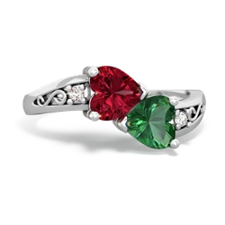 Lab Ruby Snuggling Hearts 14K White Gold ring R2178