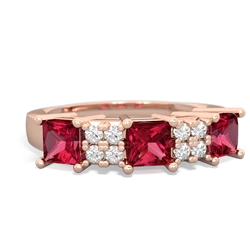 Lab Pink Sapphire Three Stone Diamond Cluster 14K Rose Gold ring R2592