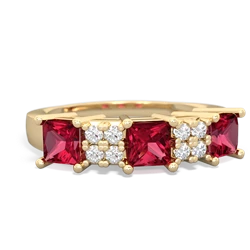 Lab Pink Sapphire Three Stone Diamond Cluster 14K Yellow Gold ring R2592