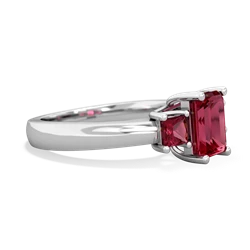 Lab Pink Sapphire Three Stone Emerald-Cut Trellis 14K White Gold ring R4021