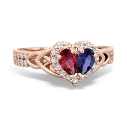 Lab Ruby Celtic Knot Two Hearts As One 14K Rose Gold ring R2644HRT