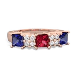 Lab Ruby Three Stone Diamond Cluster 14K Rose Gold ring R2592