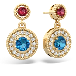 Lab Ruby Halo Dangle 14K Yellow Gold earrings E5319