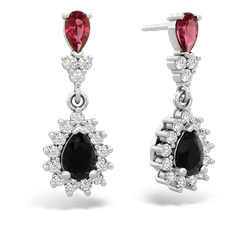 Lab Ruby Halo Pear Dangle 14K White Gold earrings E1882