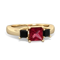 Lab Ruby Three Stone Trellis 14K Yellow Gold ring R4015