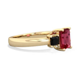 Lab Ruby Three Stone Emerald-Cut Trellis 14K Yellow Gold ring R4021