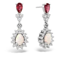 Lab Ruby Halo Pear Dangle 14K White Gold earrings E1882