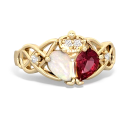 Lab Ruby 'One Heart' Celtic Knot Claddagh 14K Yellow Gold ring R5322