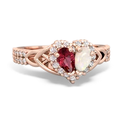 Lab Ruby Celtic Knot Two Hearts As One 14K Rose Gold ring R2644HRT