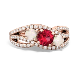 Lab Ruby Three Stone Aurora 14K Rose Gold ring R3080