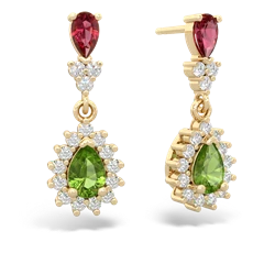 Lab Ruby Halo Pear Dangle 14K Yellow Gold earrings E1882