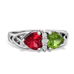 Lab Ruby Celtic Knot Double Heart 14K White Gold ring R5040