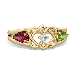 Lab Ruby Hearts Intertwined 14K Yellow Gold ring R5880