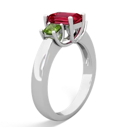 Lab Ruby Three Stone Emerald-Cut Trellis 14K White Gold ring R4021