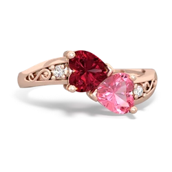 Lab Ruby Snuggling Hearts 14K Rose Gold ring R2178