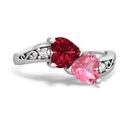 Lab Ruby Snuggling Hearts 14K White Gold ring R2178