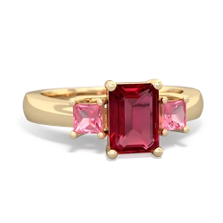 Lab Ruby Three Stone Emerald-Cut Trellis 14K Yellow Gold ring R4021