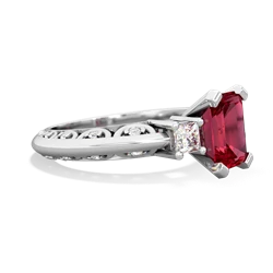 Lab Ruby Art Deco Diamond 8X6 Emerald-Cut Engagement 14K White Gold ring R20018EM