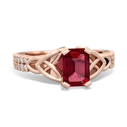 Lab Ruby Celtic Knot 7X5 Emerald-Cut Engagement 14K Rose Gold ring R26447EM