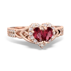 Lab Ruby Celtic Knot Two Hearts As One 14K Rose Gold ring R2644HRT