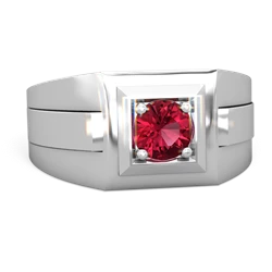 Lab Ruby Men's Squared Circle 14K White Gold ring R0480