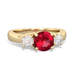 Lab Ruby Diamond Three Stone Round Trellis 14K Yellow Gold ring R4018