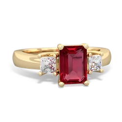 Lab Ruby Diamond Three Stone Emerald-Cut Trellis 14K Yellow Gold ring R4021