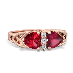 Lab Ruby Celtic Knot Double Heart 14K Rose Gold ring R5040