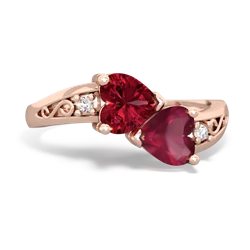 Lab Ruby Snuggling Hearts 14K Rose Gold ring R2178