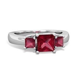 Lab Ruby Three Stone Trellis 14K White Gold ring R4015