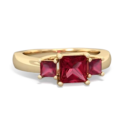 Lab Ruby Three Stone Trellis 14K Yellow Gold ring R4015