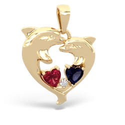 Lab Ruby Dolphin Heart 14K Yellow Gold pendant P5820