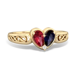 Lab Ruby Filligree 'One Heart' 14K Yellow Gold ring R5070