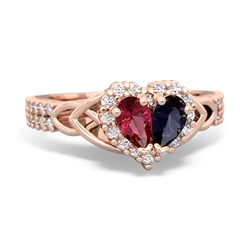 Lab Ruby Celtic Knot Two Hearts As One 14K Rose Gold ring R2644HRT