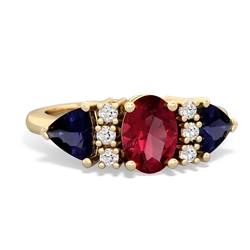 Lab Ruby Antique Style Three Stone 14K Yellow Gold ring R2186