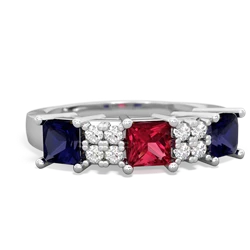 Lab Ruby Three Stone Diamond Cluster 14K White Gold ring R2592