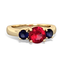 Lab Ruby Three Stone Round Trellis 14K Yellow Gold ring R4018