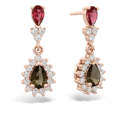 Lab Ruby Halo Pear Dangle 14K Rose Gold earrings E1882