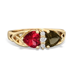 Lab Ruby Celtic Knot Double Heart 14K Yellow Gold ring R5040