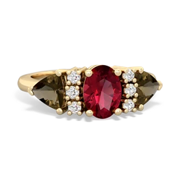 Lab Ruby Antique Style Three Stone 14K Yellow Gold ring R2186