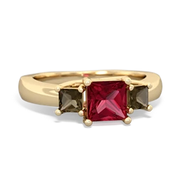 Lab Ruby Three Stone Trellis 14K Yellow Gold ring R4015