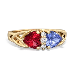 Lab Ruby Celtic Knot Double Heart 14K Yellow Gold ring R5040